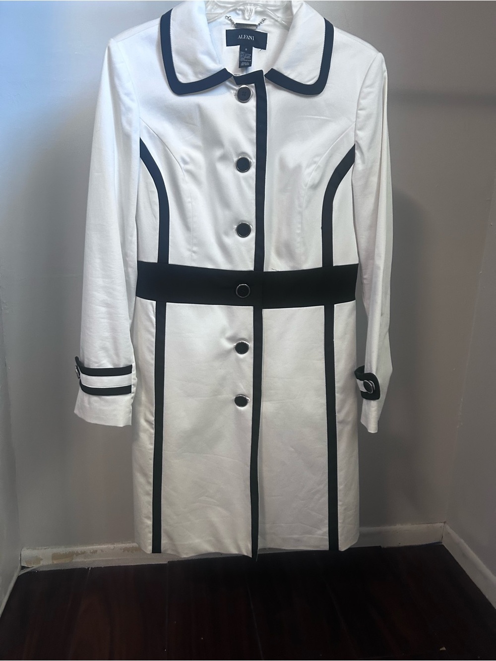 Alfani White Trench Coat with Black Piping and Belt